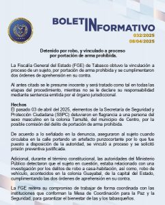 Vinculan a proceso a sujeto por portación de arma y robos en Tabasco
