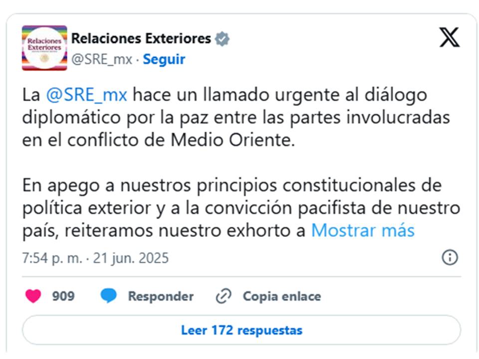La SRE pide paz en Medio Oriente: México alza la voz tras bombardeos de Trump