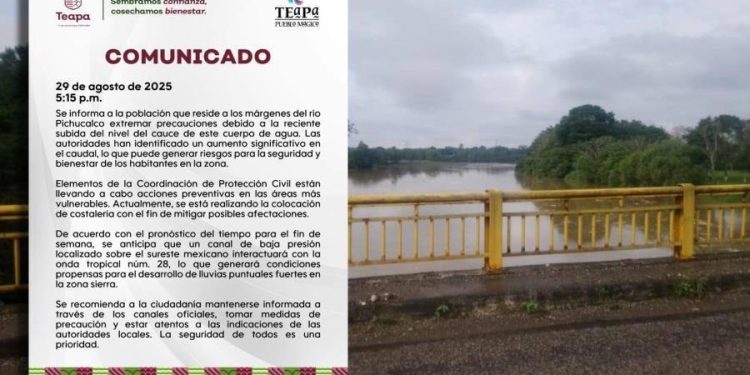 Ayuntamiento de Teapa alerta sobre aumento del nivel del río Pichucalco y riesgo de inundaciones