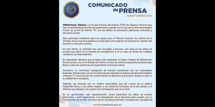 FGE de Tabasco está lista para vincular a proceso Hernán “N” hoy mismo