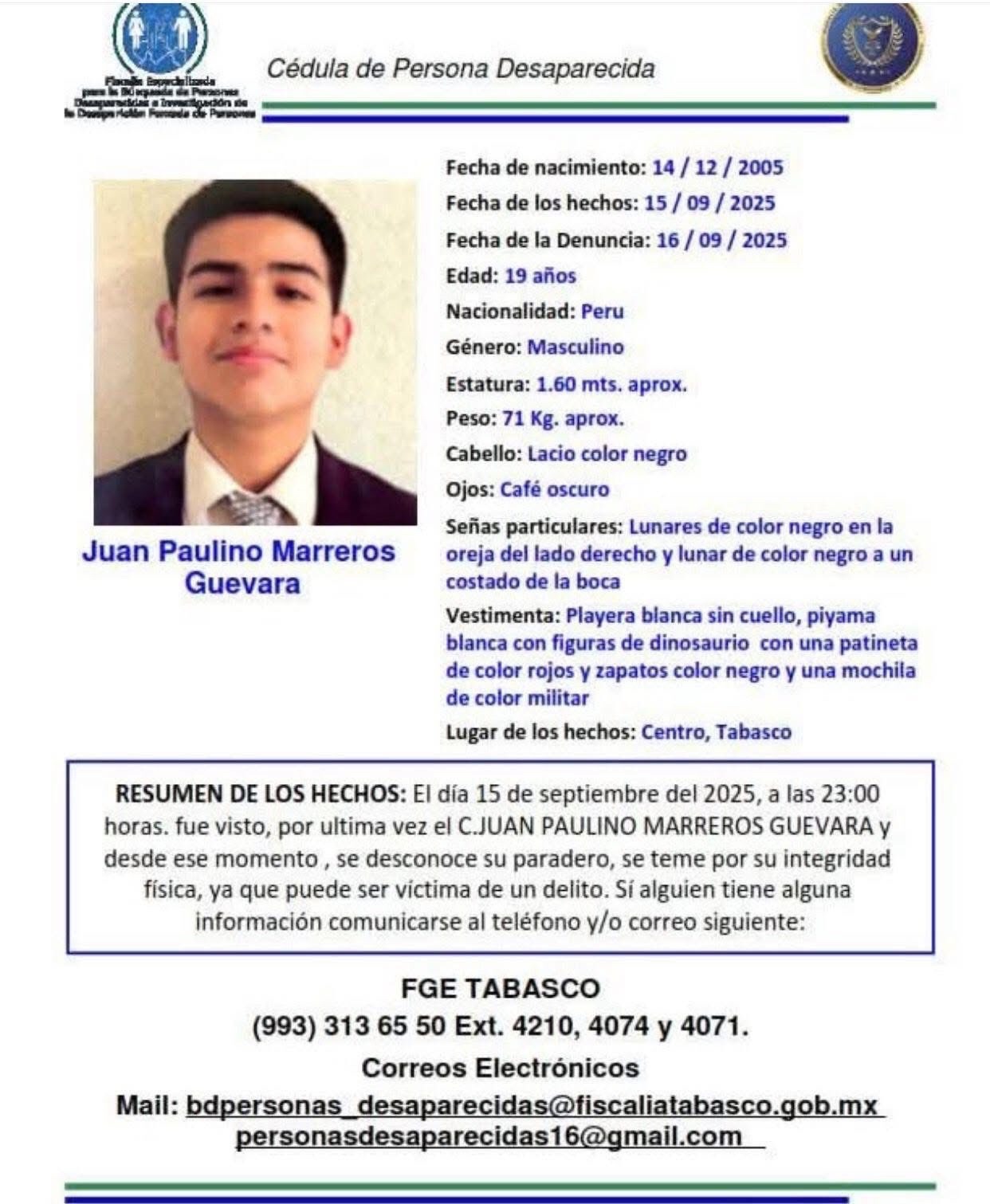 Descripción física y vestimenta de Juan Paulino Marreos