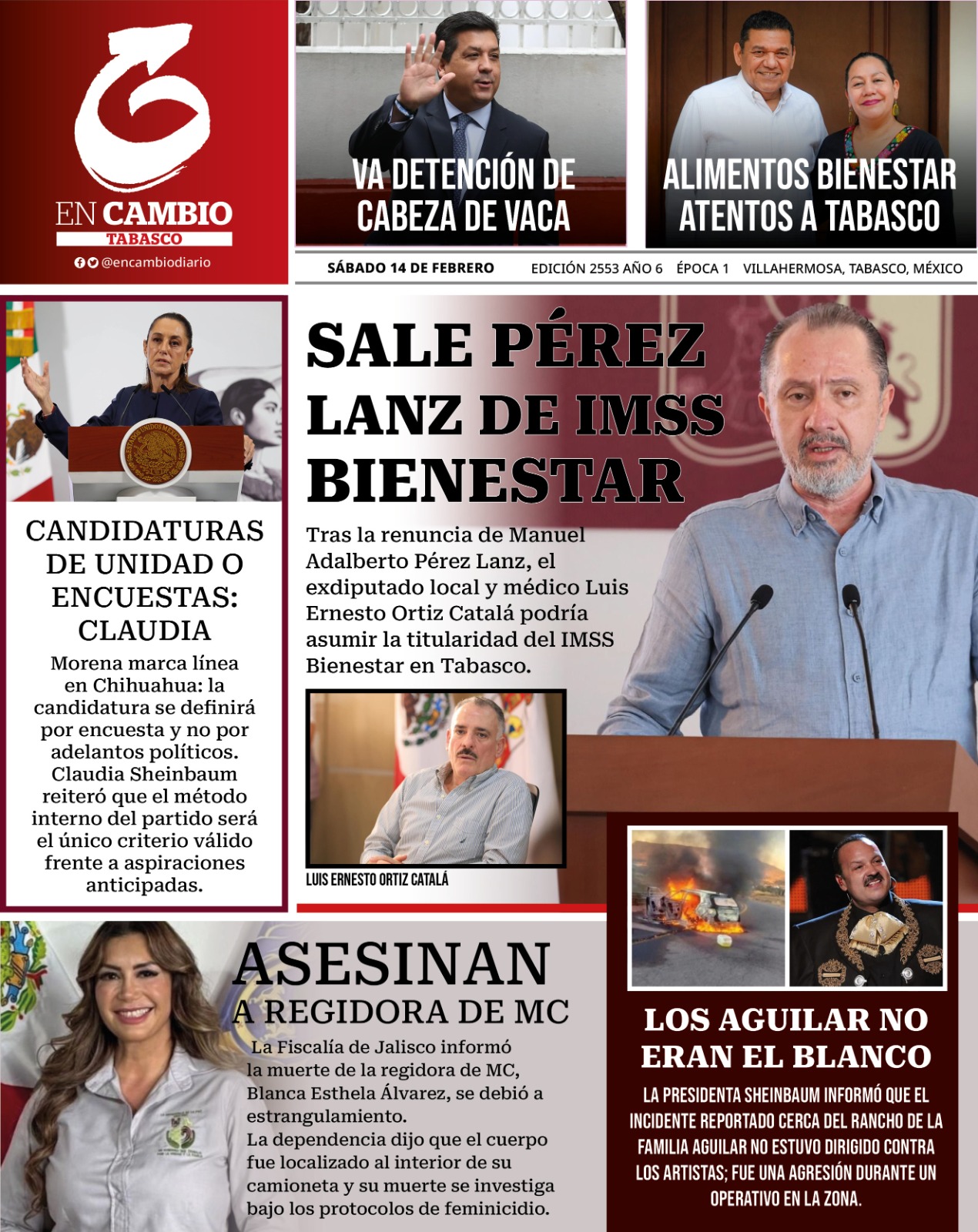 Contra Portada En Cambio Diario Tabasco 14 febrero 2026 Contra Portada En Cambio Diario Tabasco 14 febrero 2026