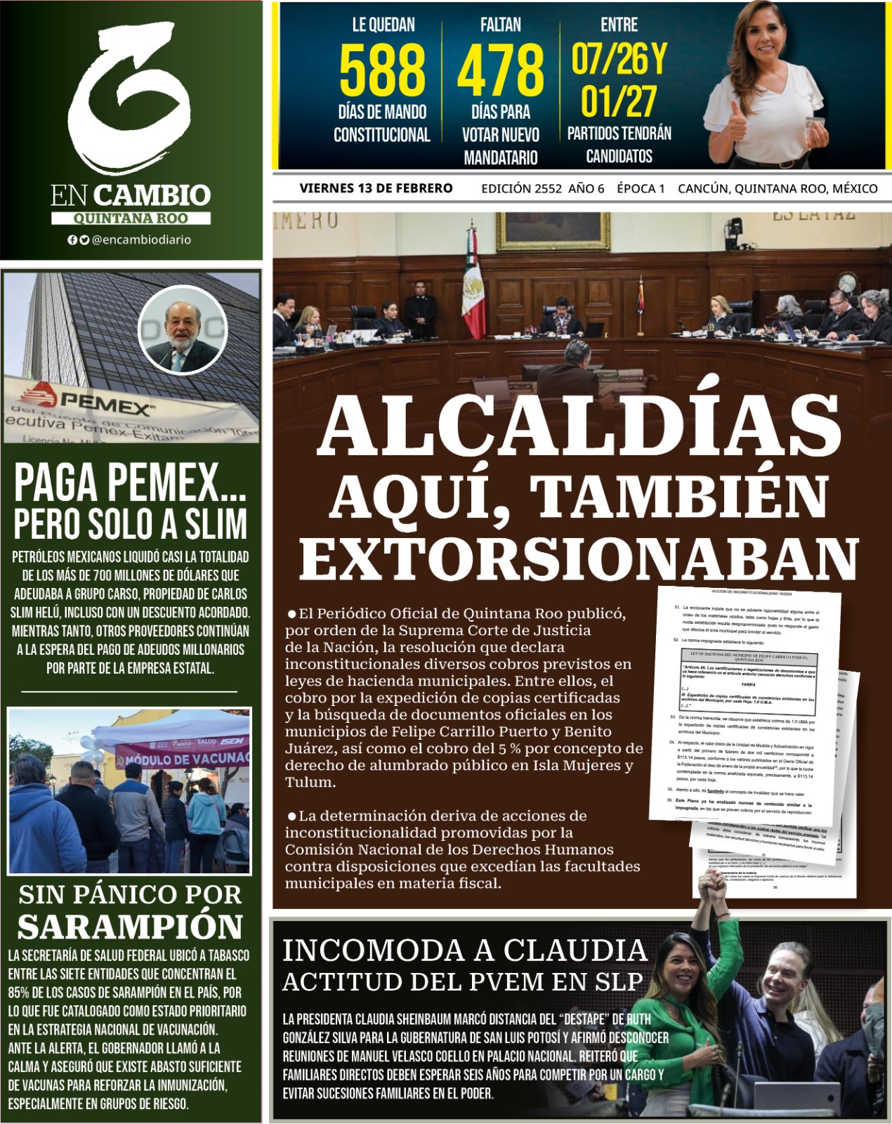 Contra Portada En Cambio Diario de Quintana Roo 13 febrero 2026 Contra Portada En Cambio Diario de Quintana Roo 13 febrero 2026