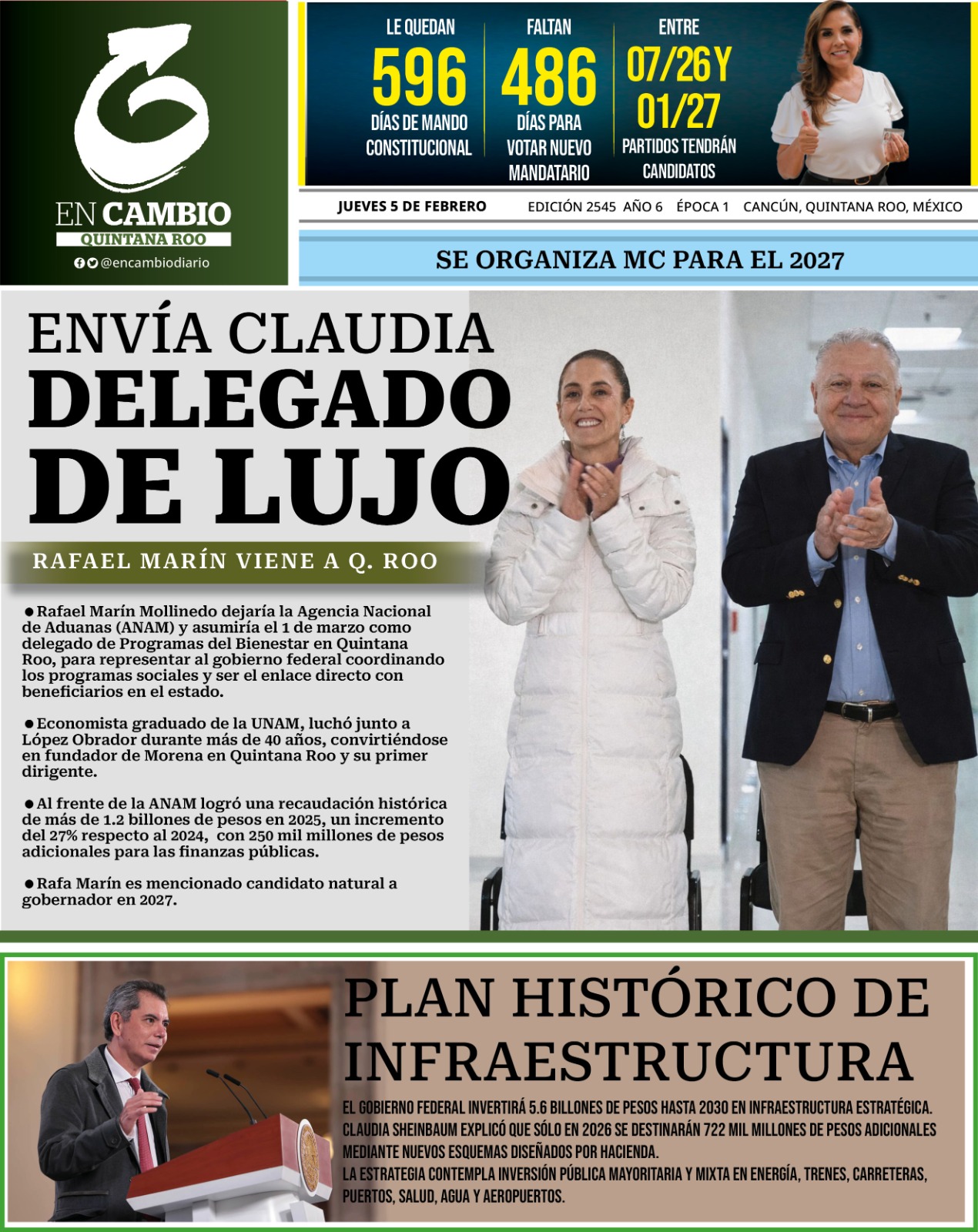 Contra Portada En Cambio Diario de Quintana Roo 5 de febrero del 2026 Contra Portada En Cambio Diario de Quintana Roo 5 de febrero del 2026