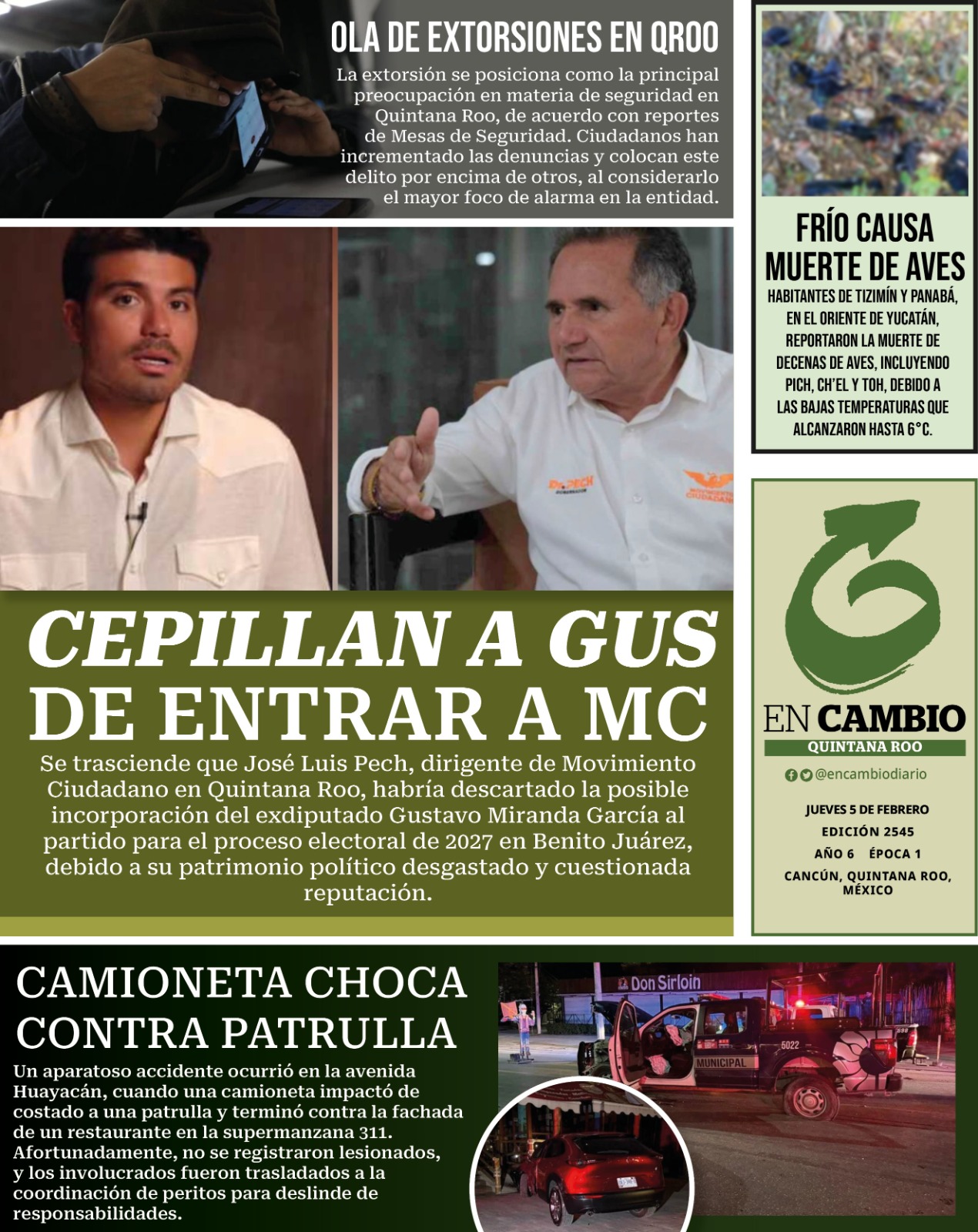 Portada En Cambio Diario de Quintana Roo 5 de febrero del 2026 Portada En Cambio Diario de Quintana Roo 5 de febrero del 2026