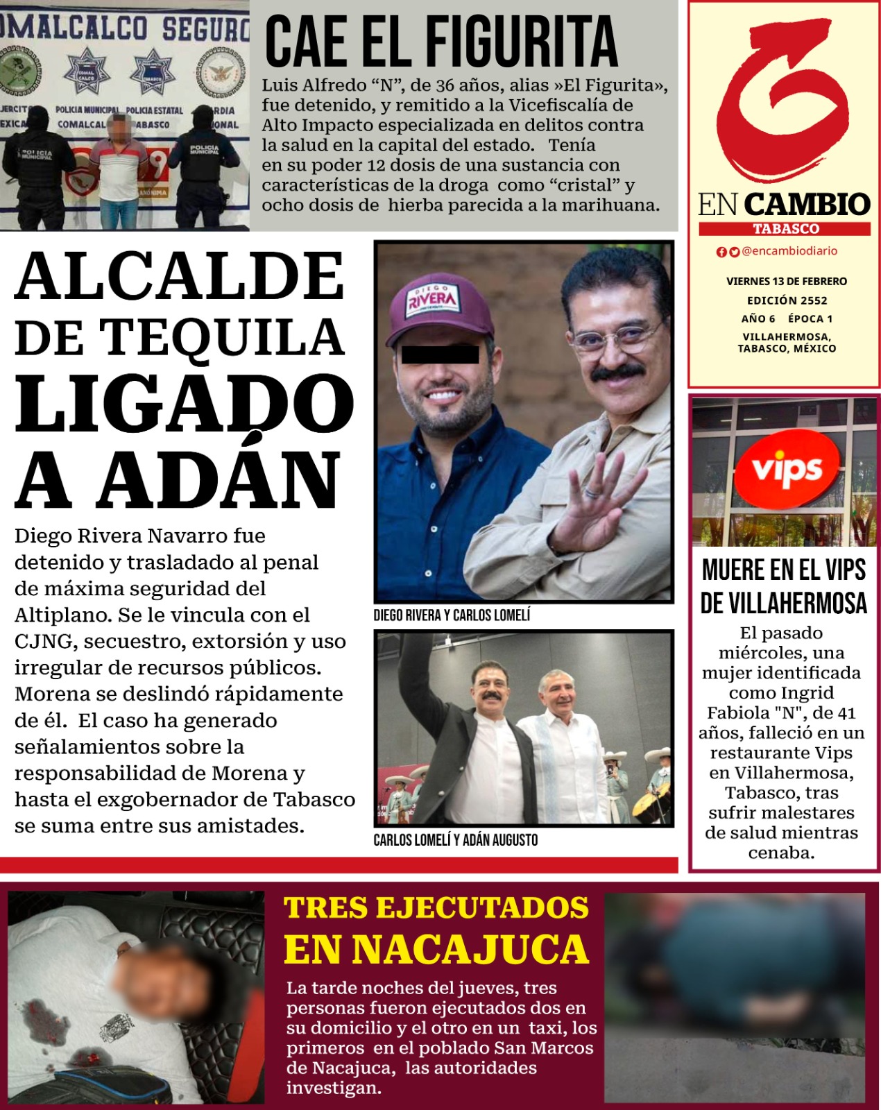 Portada En Cambio Diario de Tabasco 13 febrero 2026 Portada En Cambio Diario de Tabasco 13 febrero 2026