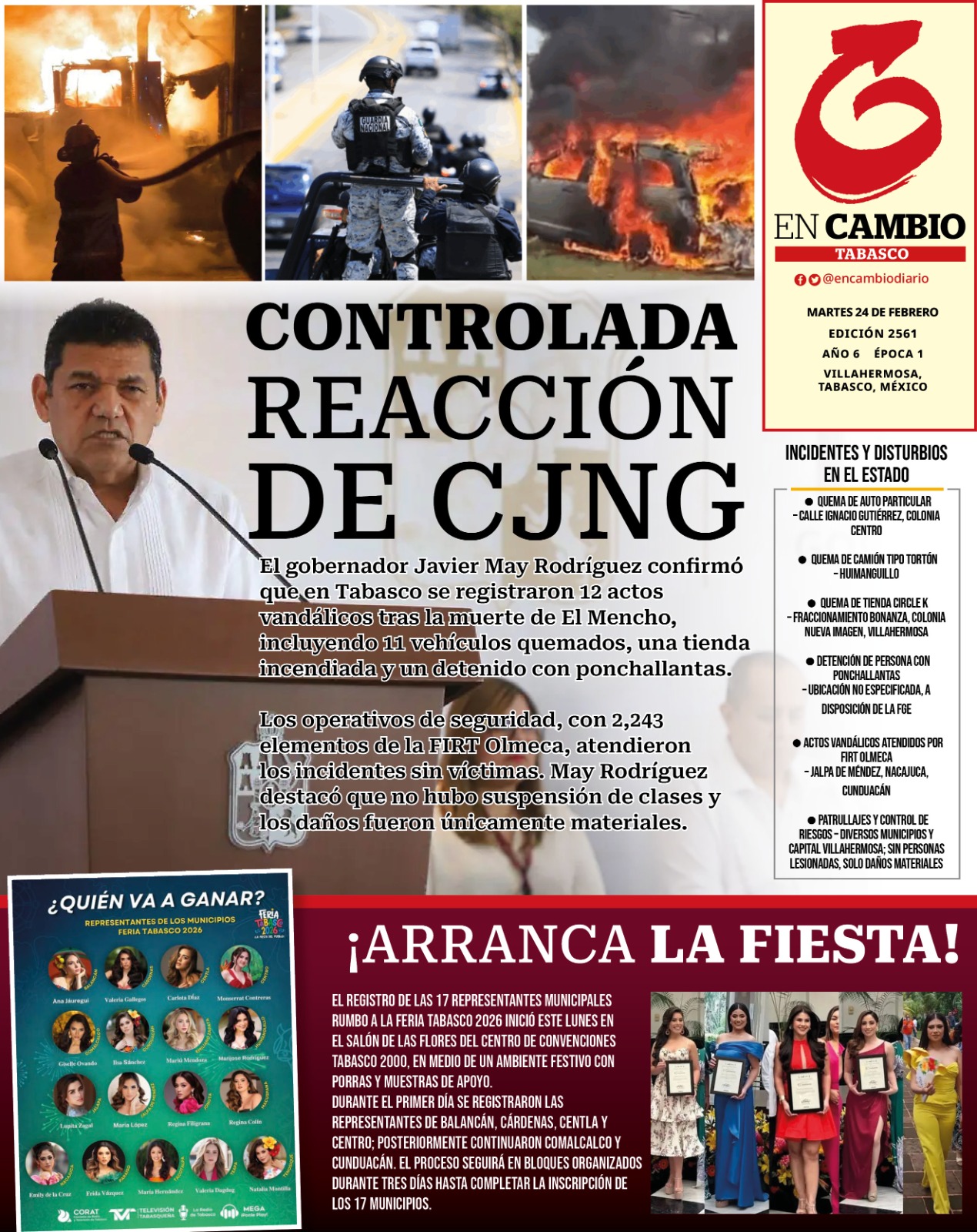 Portada en cambio tabasco 24 feb 2026 Portada en Cambio Tabasco, 24 feb 2026