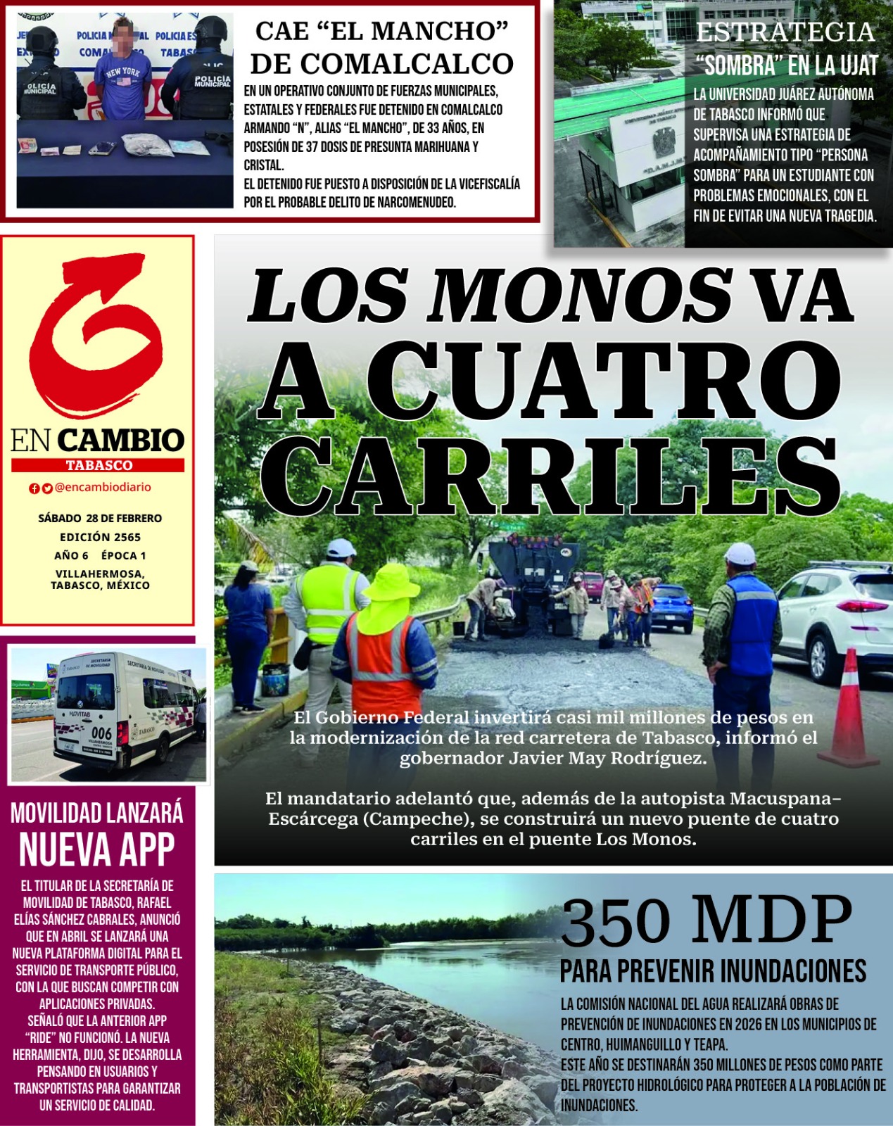 Portada En Cambio de Tabasco 28 de febrero 2026 Portada En Cambio de Tabasco 28 de febrero 2026