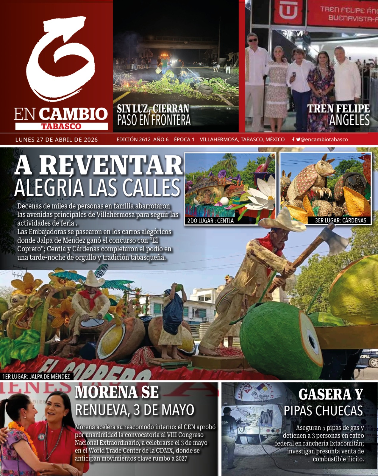 Portada En Cambio Diario Tabasco 27 abril 2026 Portada En Cambio Diario Tabasco 27 abril 2026