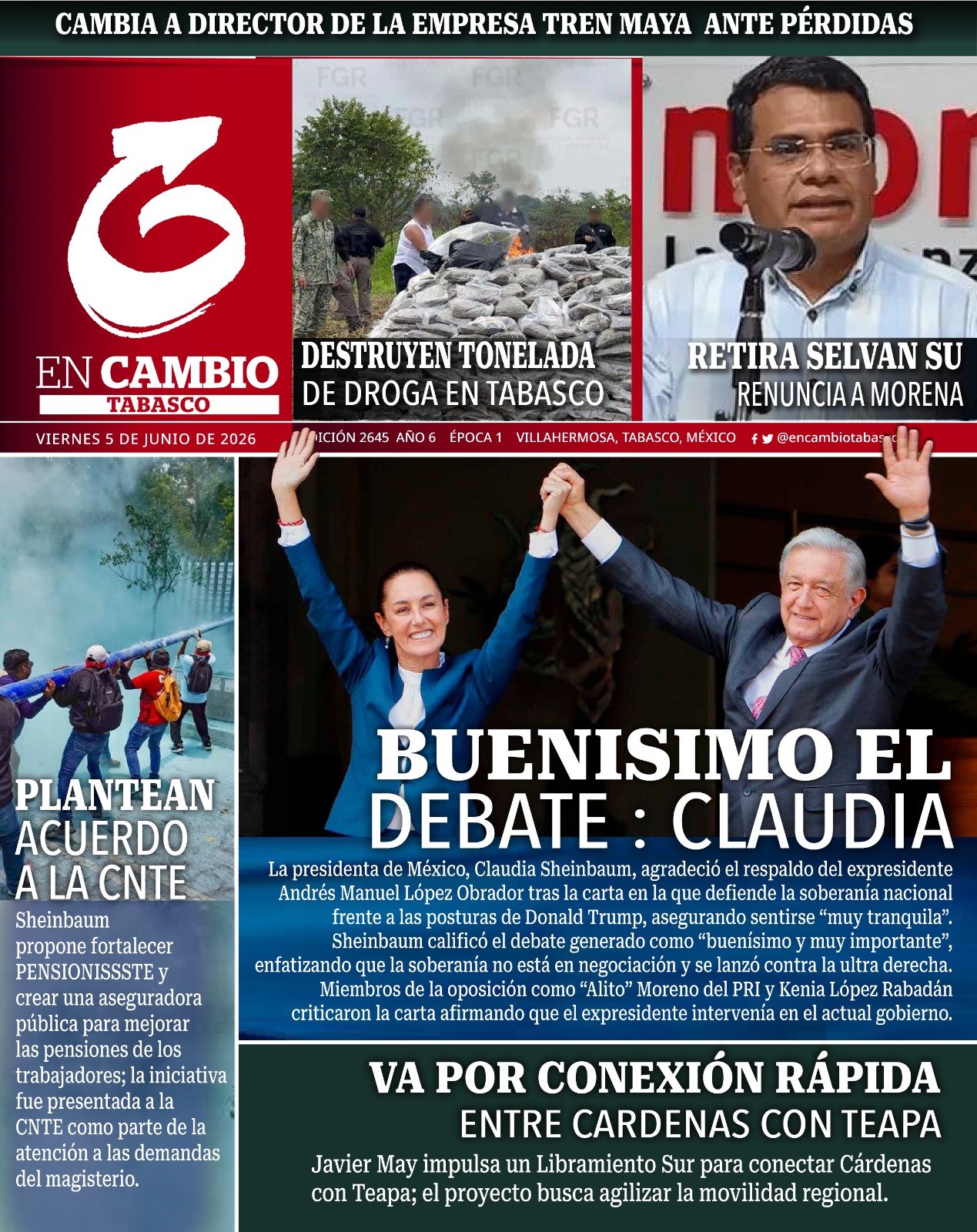 Portada en cambio tabasco 5 junio 2026 Portada en cambio tabasco 5 junio 2026