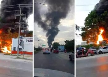 Incendio en deshuesadero de Cancún deja 17 vehículos calcinados.