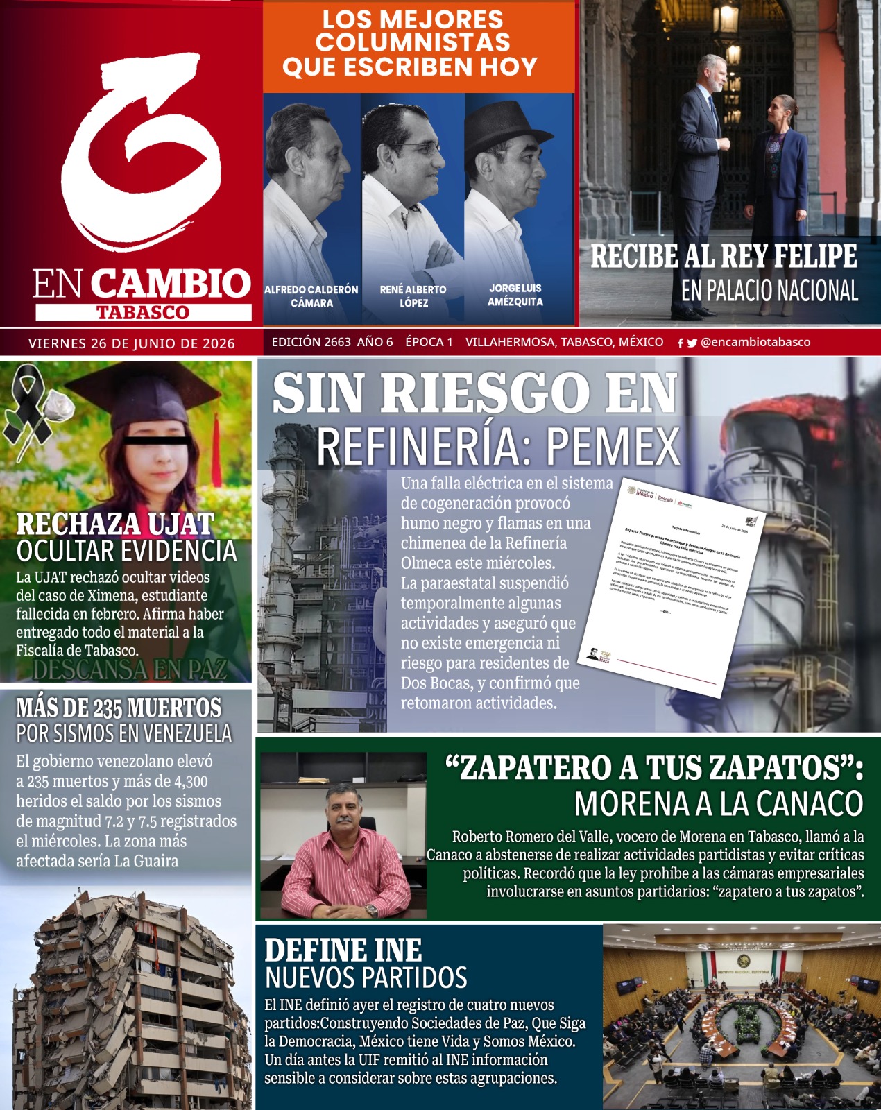 portada en cambio de tabasco 26 jun 2026 portada en cambio de tabasco 26 jun 2026