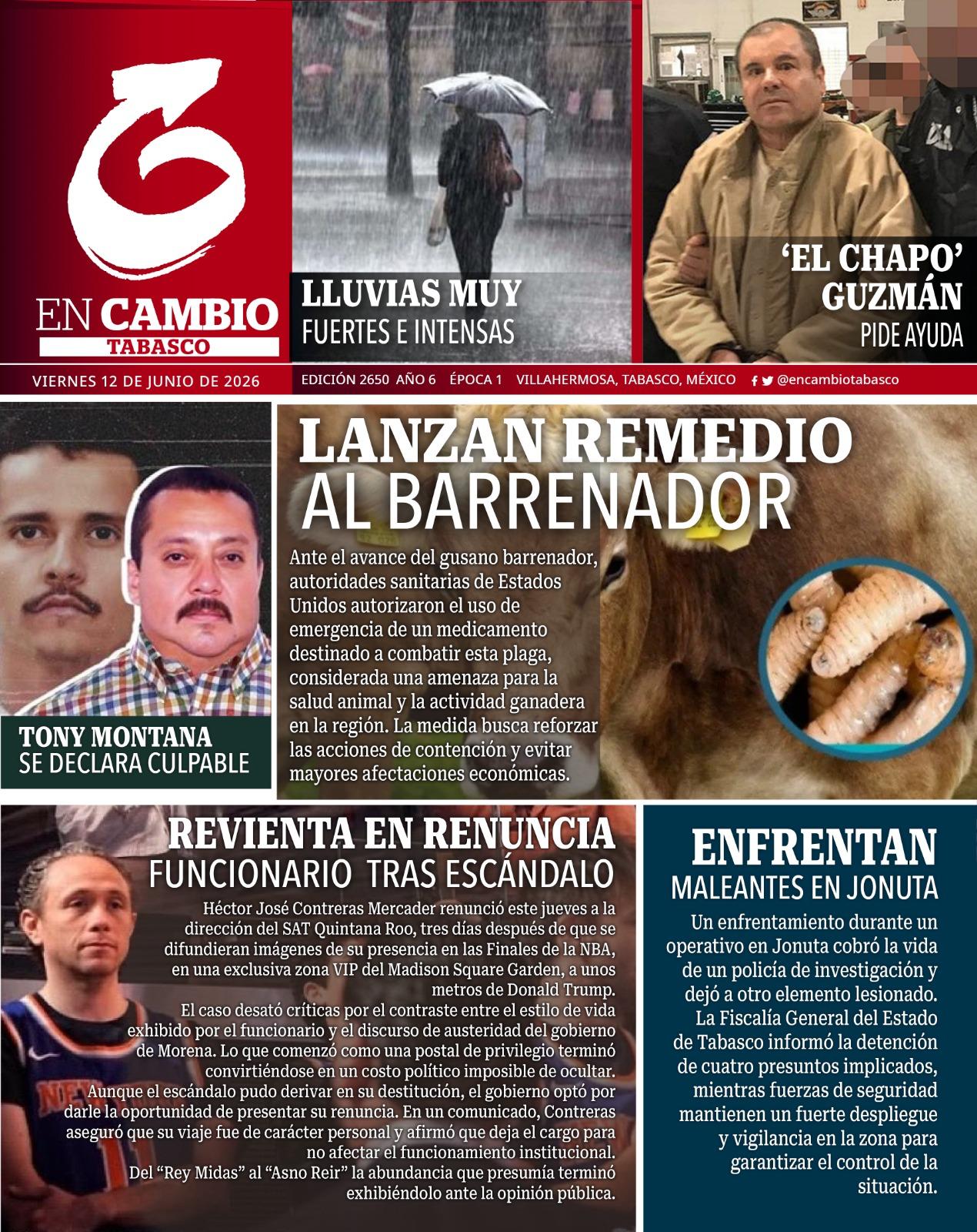 portada en cambio diario tabasco 12 junio 2026. portada en cambio diario tabasco 12 junio 2026.