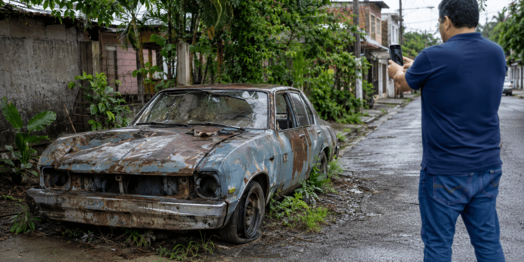 Auto chatarra abandonado en una calle de Villahermosa.