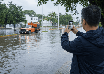 Calle inundada después de una lluvia intensa en Villahermosa.