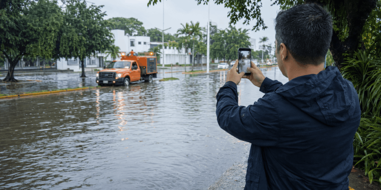 Calle inundada después de una lluvia intensa en Villahermosa.