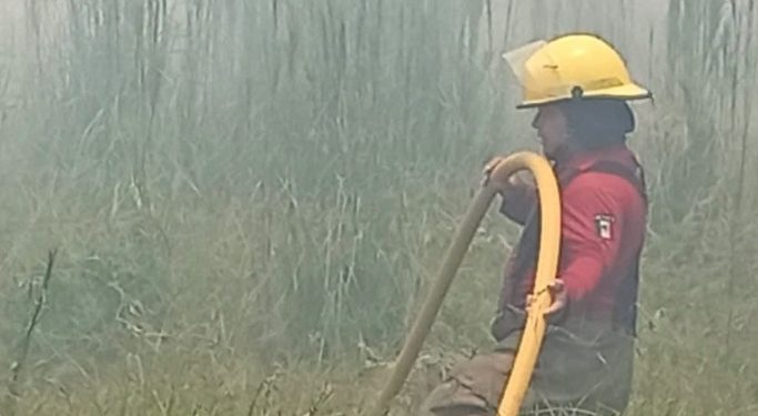 Personal de Protección Civil combate un incendio de pastizal sobre la carretera Teapa–Villahermosa.