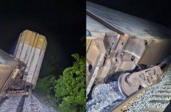 Vagones del Tren Interoceánico descarrilados en la Línea Z del Ferrocarril del Istmo en Oaxaca.