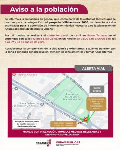 Mapa del cierre temporal de un carril de Paseo Tabasco en el entronque con Plutarco Elías Calles.